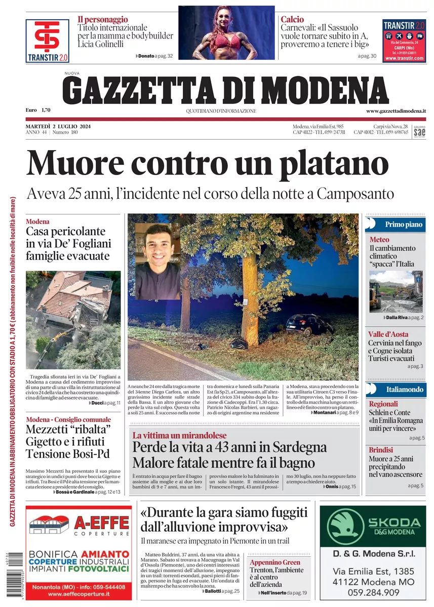 Prima-pagina-gazzetta di modena-oggi-edizione-del-2024-07-02